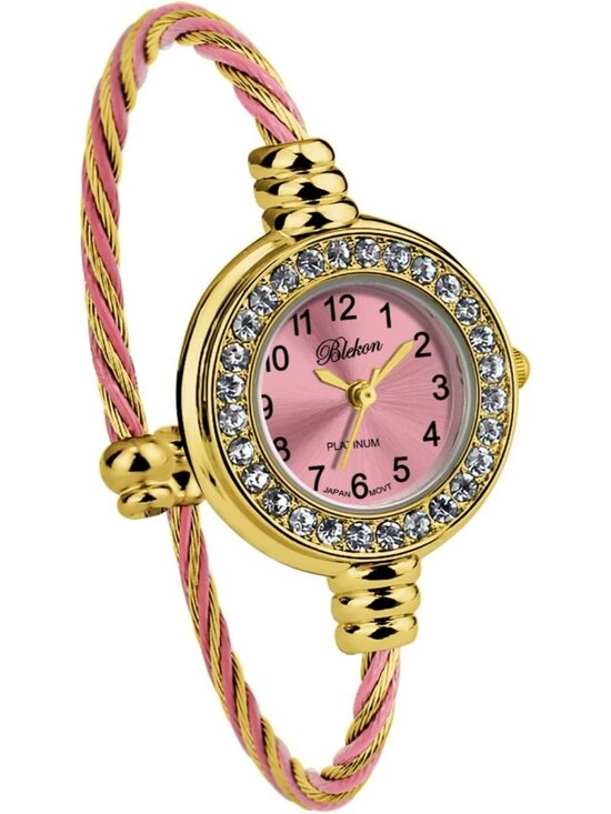 Women\'s Gold And Pink Analog Cable Cuff Arabic Numbers Rhinestone Bracelet Watch